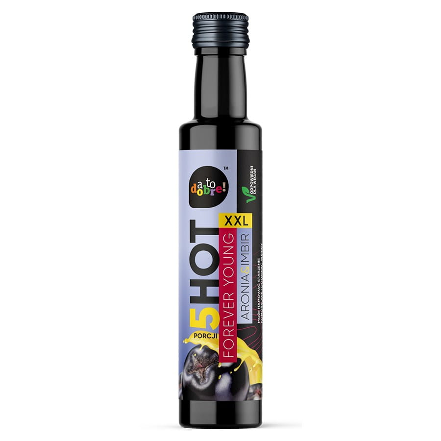 Shot forever young XXL mit Aronia und Ingwer von A TO DOBRE! 250ml Flasche, frischer Saft mit Beeren und Ingwer.