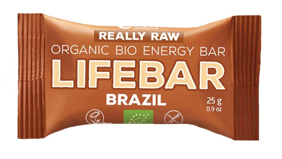 Roher Paranussriegel mit Bio-Qualität, glutenfrei, 25 g, von LIFEFOOD, auf einem weißen Hintergrund.