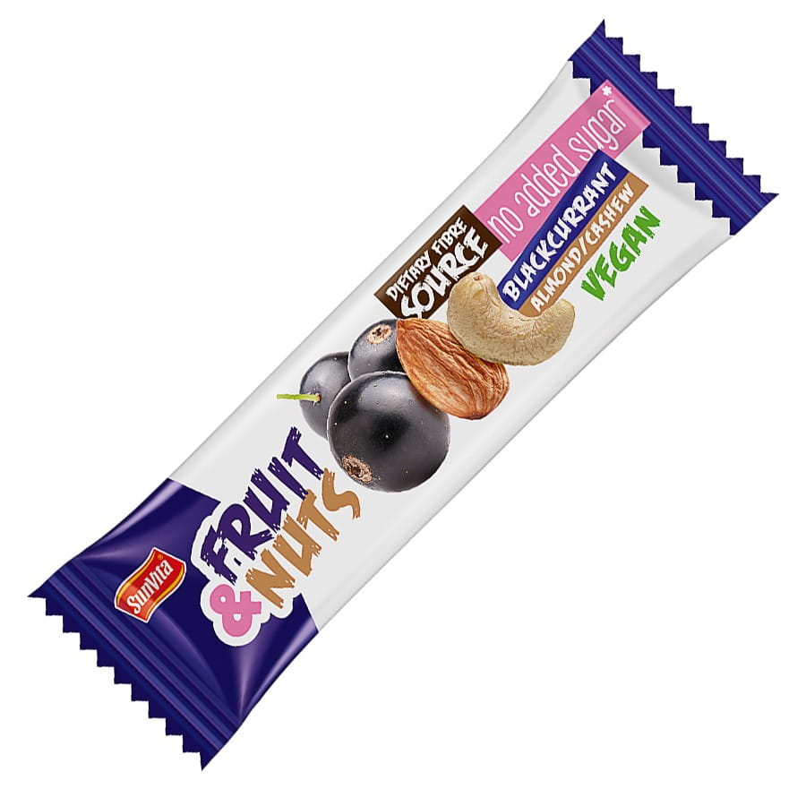 Frucht-Nuss-Riegel "Schwarze Johannisbeere" von SUNVITA, 30g, mit Nüssen und schwarzen Johannisbeeren, ohne Zuckerzusatz