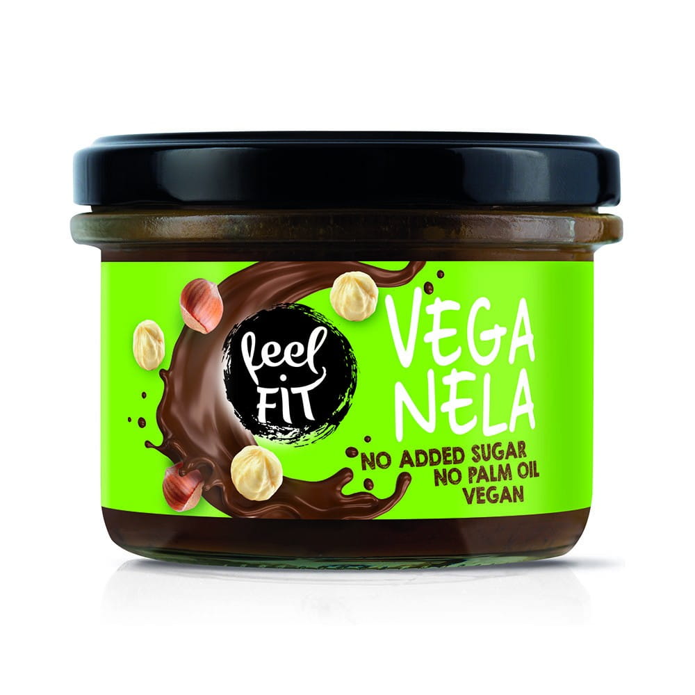 Vegane Haselnuss-Kakao-Creme von FEEL FIT, ohne Zucker, 200 g, cremige Nuss-Nougat-Alternative in Glas.