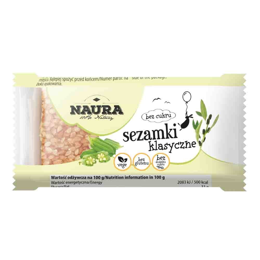 Sesamsamen ohne Zucker in 27 g Packung von NAURA, Nahaufnahme der hellen, gerösteten Samen.