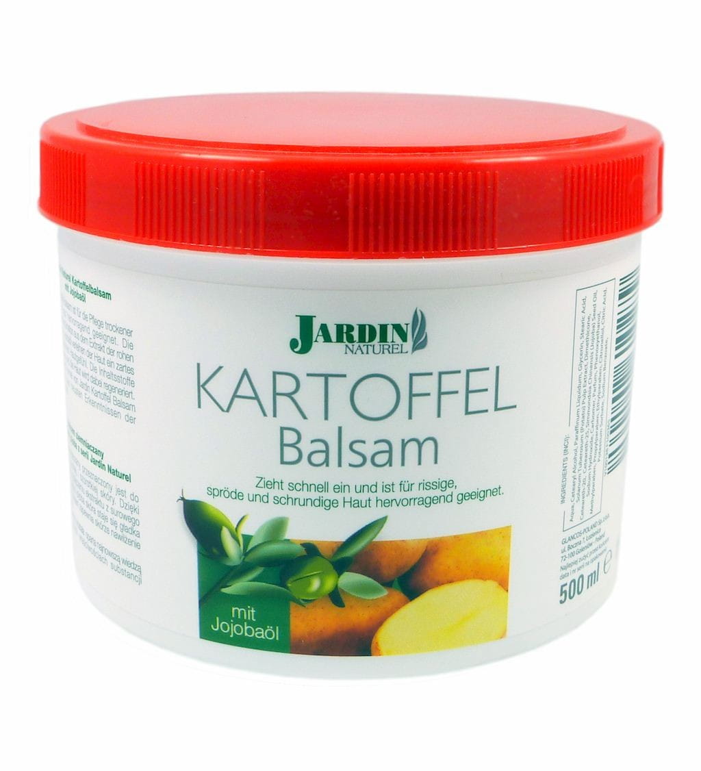 Natürlicher Kartoffel-Jojoba-Balsam von GLANCOS (JARDIN) in einer 500ml Flasche, zeigt den Balsam mit natürlicher Textur.