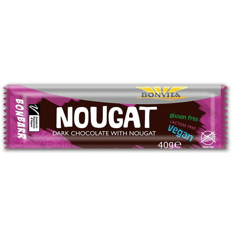 Glutenfreier, laktosefreier Nougatriegel von BONVITA, BIO, 40 g, mit cremiger Nuss-Nougat-Füllung.