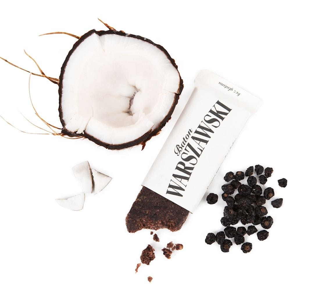 Schwarze Johannisbeere und Kokosnuss Schokolade von BATON WARSZAWSKI, 60g, mit dunkler Schokolade, Johannisbeeren und Kokosnussstücken