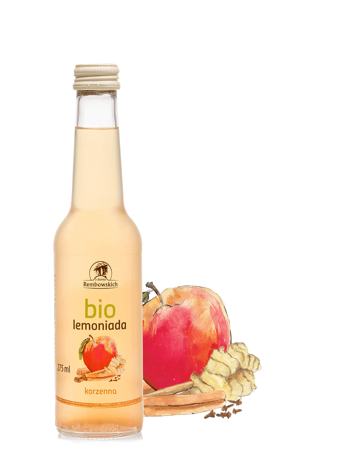 Würzige Limonade in 275ml Flasche von Z domu Rembowskich, umweltfreundlich verpackt, erfrischend und aromatisch.