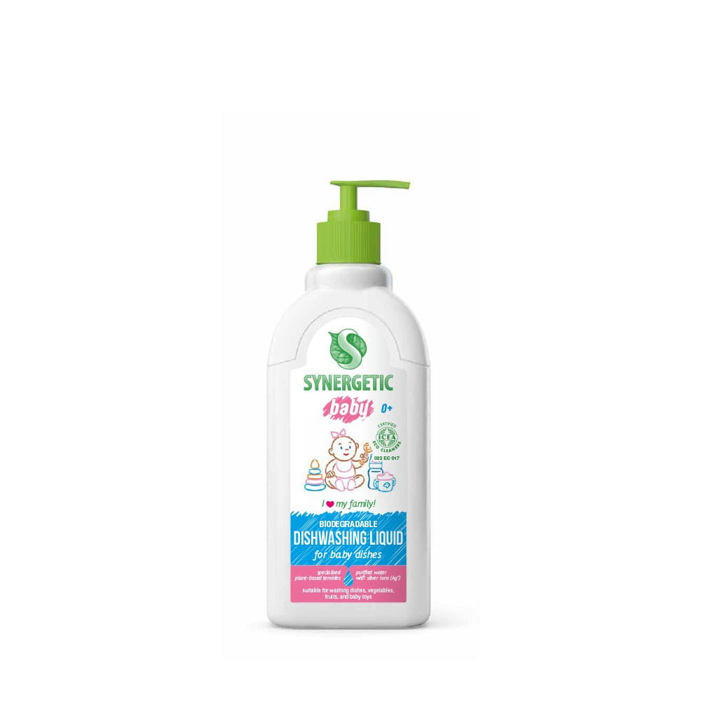 Biologisches Babywaschmittel von Synergetic in 500ml Flasche, geeignet für Babyzubehör, umweltfreundlich und schonend.