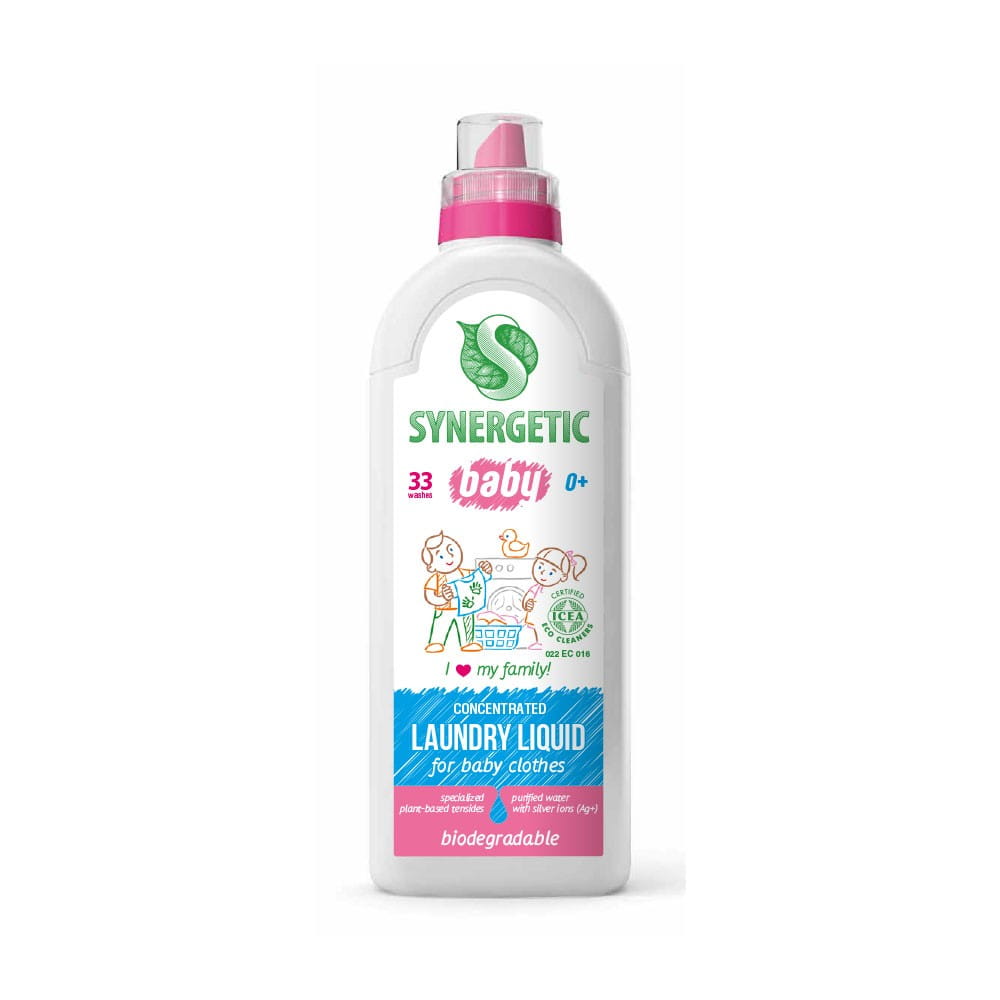 Biologisches Waschmittel von Synergetic für Kinderkleidung, 1 Liter, umweltfreundlich und sanft zur Haut.