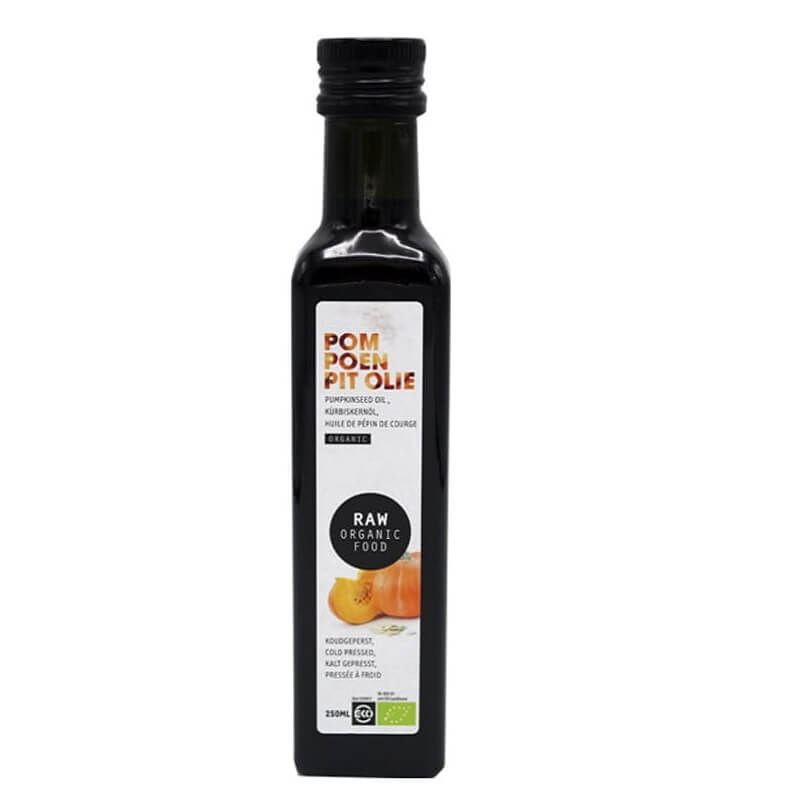 Kürbiskernöl nativ roh BIO von RAW ORGANIC FOOD, 250 ml Flasche mit dunklem Glas und goldener Beschriftung, natürliches Bio-Produkt