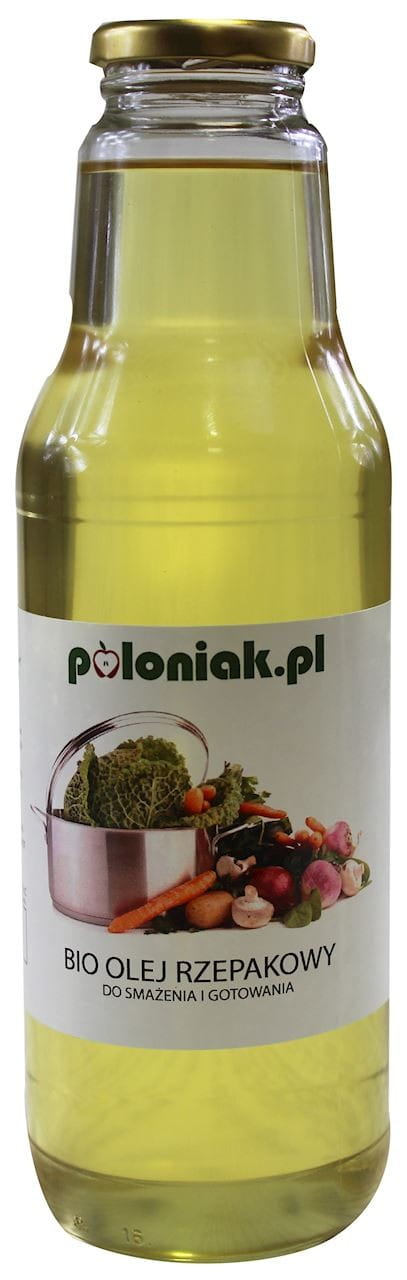 Bio Rapsöl zum Braten und Kochen von POLONIAK in 700 ml Flasche, flüssiges, helles Öl für die Küche, Nahaufnahme