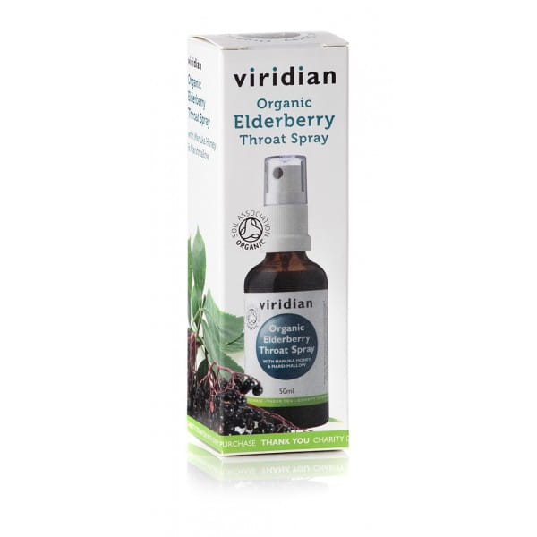 VIRIDIAN Bio-Halsspray mit Holunder, Manuka-Honig und Marshmallow, 50ml, Flasche mit Sprayverschluss sichtbar