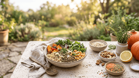Protein- und ballaststoffreiche Bowl mit Linsen, Kichererbsen, Quinoa, Gemüse und Kürbiskernen.