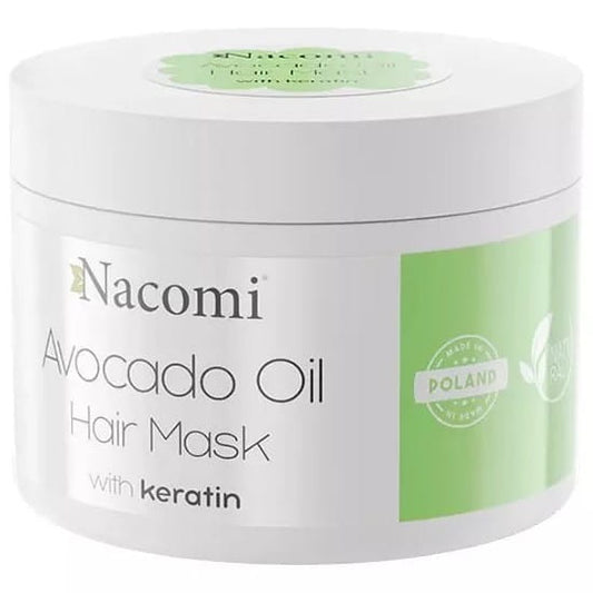 Nacomi Avocadoöl-Haarmaske in 200ml Glasbehälter, cremige Textur, ideal für gepflegtes, glänzendes Haar, Nahaufnahme