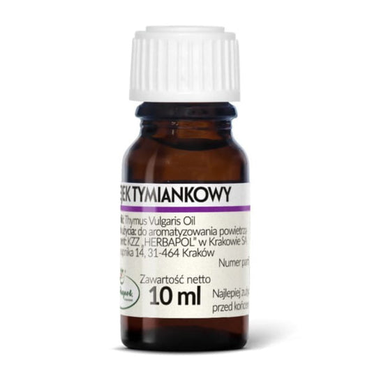 Flasche mit 10 ml Thymianöl von Herbapol, naturbelassenes ätherisches Öl in einer transparenten Flasche mit Etikett