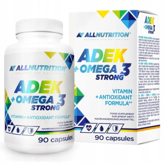 Allnutrition ADEK Omega 3 Strong 90 K Flasche mit Omega-3-Kapseln zur Unterstützung des Immunsystems, auf weißem Hintergrund.