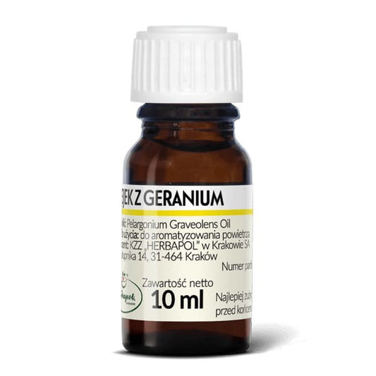 Flasche mit 10 ml Herbapol Geranienöl, naturbelassenes ätherisches Öl in dunkler Glasflasche mit Tropfaufsatz