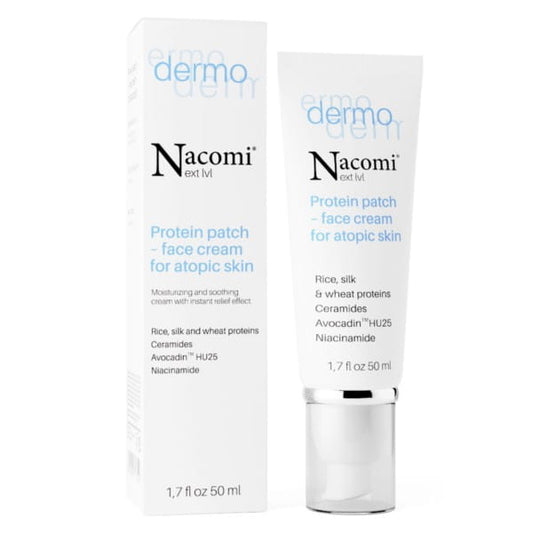 Nacomi Protein Slice atopische Hautcreme, cremige Textur und Verpackung, ideal für empfindliche Haut, dermatologisch getestet.
