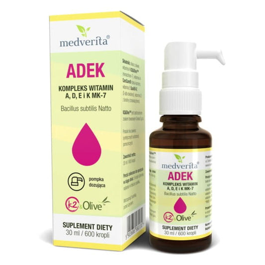 Medverita ADEK Komplex Flasche 30 ml mit natürlichen Vitaminpräparaten, für gesunde Ernährung und Vitaminversorgung.