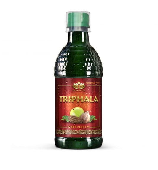 Ayurvitta Triphala Flüssigkeit 0,5L mit Kräuterflüssigkeit zur Unterstützung der Lebergesundheit, in einer Flasche auf weißem Hintergrund