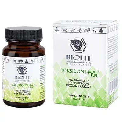 Biolite Toxidont May Plus 75 ml Flüssigkeit für die Verdauung, flüssiges Produkt von BIOLIT, mit Dosierhilfe sichtbar im Bild.