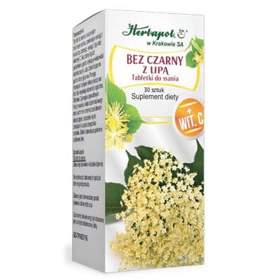Herbapol Schwarzer Holunder mit Limette, 30 Tabs, zeigt die Verpackung mit Holunderbeeren und Limetten-Illustration.