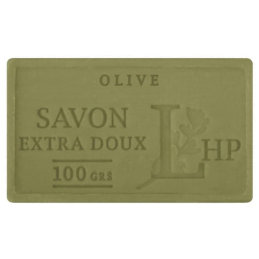 Marseiller Olivenölseife von MYDŁO MARSYLSKIE LHP, 100 g, mit cremiger Textur und grüner Olivenöl-Optik.