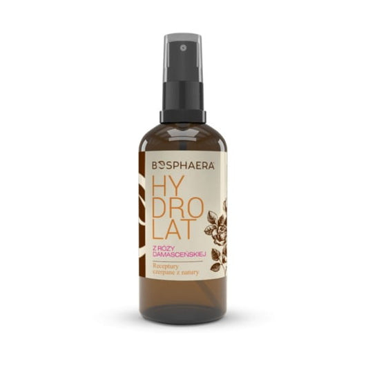 Bosphaera Damaszener Rose Hydrolat in 100 ml Flasche, mit Rosenblüten und Wasser, für natürliche Hautpflege.