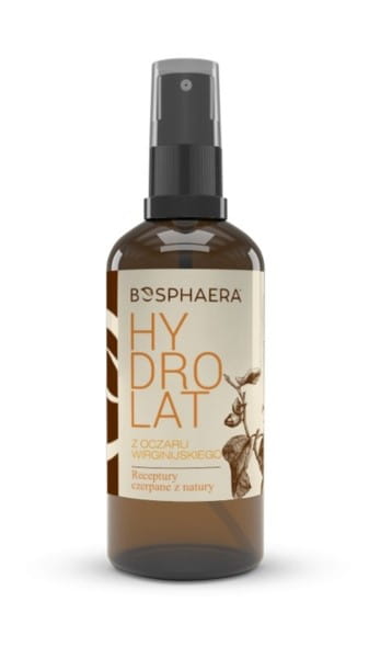 Bosphaera Hamamelis Hydrolat in 100 ml Flasche, zeigt die klare Flüssigkeit in der Verpackung.