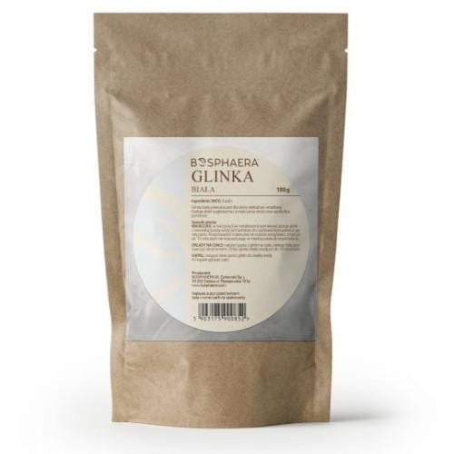 Weiße Tonerde von BOSPHAERA in 100 g Verpackung, feine natürliche Tonerde für Hautpflege und Schönheitsanwendungen.