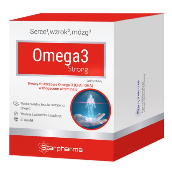 Omega 3 Forte von Starpharma, 60 Kapseln mit Fettsäuren, Nahaufnahme der Nahrungsergänzungskapseln in der Verpackung