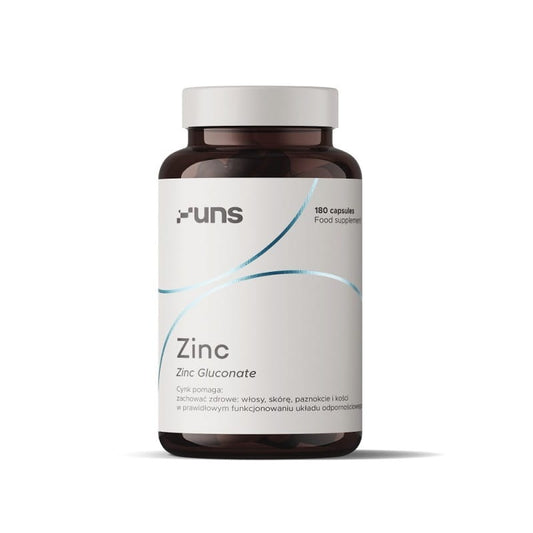 Zinkglukonat 30 mg Kapseln von UNS Supplements, 180 Stück, nahe Ansicht der weißen Kapseln gegen Zinkmangel.