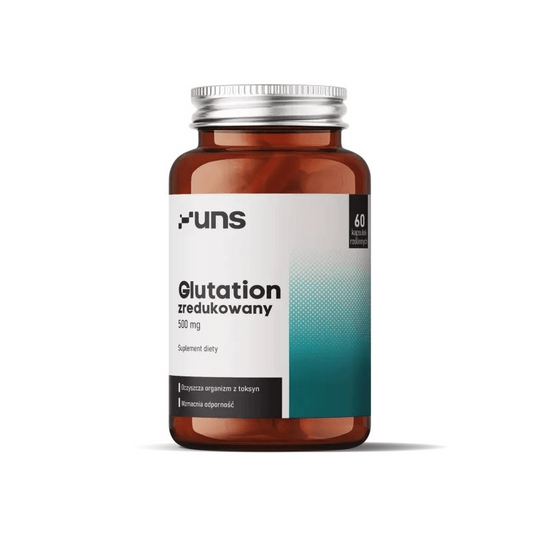 Rote Verpackung mit 60 Kapseln Reduziertes Glutathion 500 mg von UNS Supplements, Nahrungsergänzungsmittel gegen freie Radikale