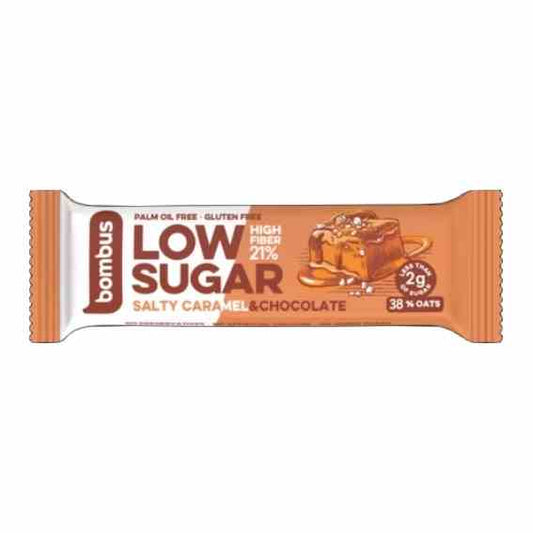 Zuckerarmer BOMBUS Riegel mit gesalzenem Karamell-Schokolade, glutenfrei, 40 g, Nahaufnahme des Schokoriegels