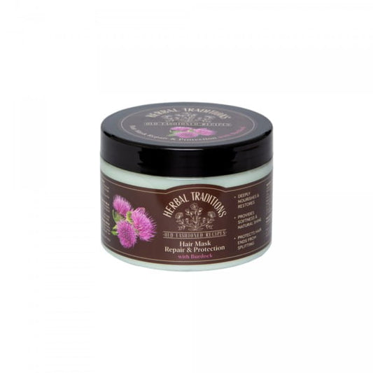 Haarmaske von HERBAL TRADITIONS mit Klette, 300 ml, zeigt die cremige Textur und natürliche Inhaltsstoffe in der Verpackung