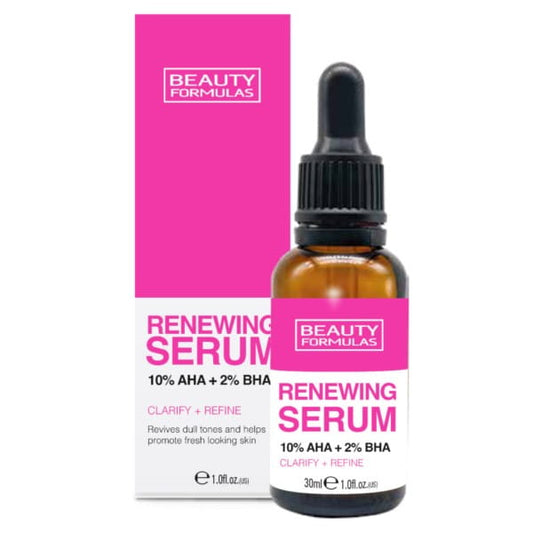 Hauterneuerndes Beauty Formulas AHA + BHA Erneuerungsserum in 30 ml Flasche, Nahaufnahme der Verpackung und Produktbeschreibung