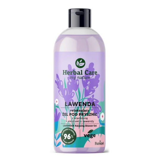 Farmona Herbal Care Lavendel Duschgel in 500 ml Flasche mit Lavendelduft und pflegender Formel, sichtbar in der Flasche