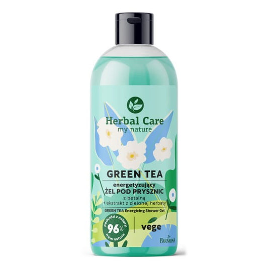 Herbal Care Grüner Tee Duschgel von Farmona in 500 ml Flasche, mit grüner Tee-Formel und erfrischendem Duft sichtbar in der Flasche