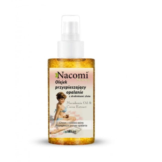 Nacomi Sonnenbadöl mit Goldpartikeln, 150 ml, zeigt das goldene Sonnenöl mit goldenen Partikeln in einer Flasche.