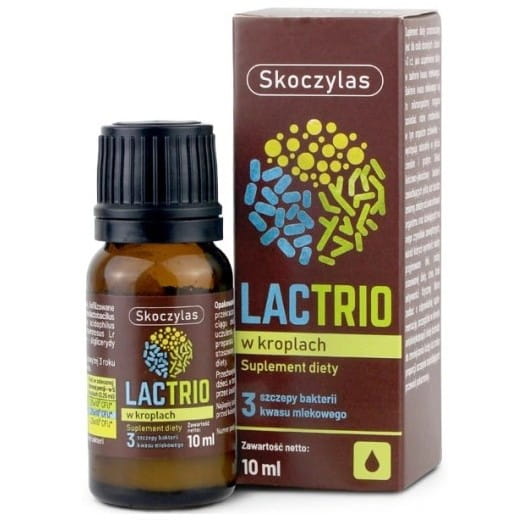 Flasche mit Skoczylas LACTRIO Tropfen in 10 ml, natürliche Nahrungsergänzung, klare Verpackung, auf weißem Hintergrund.
