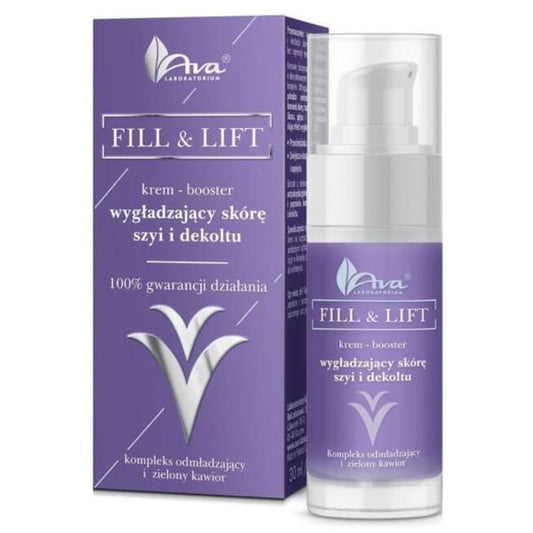 AVA Fill&Lift Hals- und Dekolleté-Boostercreme, 30 ml, sichtbare Textur und elegante Verpackung der AVA LABORATORIUM Creme