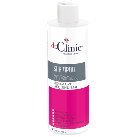 Haarstärkendes Shampoo von DR CLINIC in 400 ml Flasche, zeigt das Shampoo mit schützender Formel und frischer Verpackung.