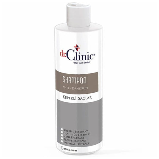 Flasche Dr. Clinic Anti-Schuppen-Shampoo 400 ml mit weißem Shampoo-Design und blauer Kappe vor weißem Hintergrund
