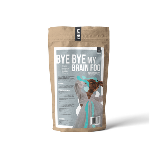 Tasse mit PERSEA BYE BYE my brain fog Tee, 100g, mit Kräutern zur Verbesserung von Gedächtnis, Konzentration und gegen Hirnnebel.