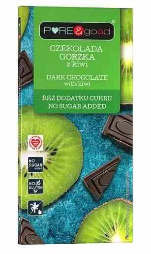 Dunkle Schokolade mit Kiwi, 75g, von Pure&Good, zeigt die Schokoladentafel mit grünen Kiwi-Stückchen.