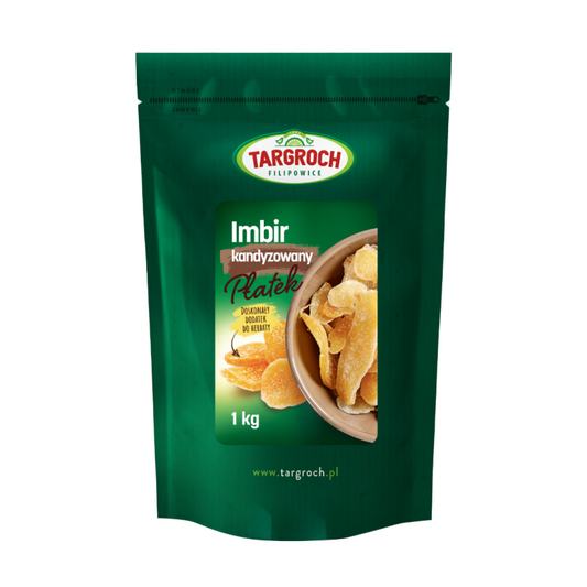 Kandierte Ingwerflocken von TAR-GROCH-FIL, 500 g, glänzende, goldene Ingwerstückchen mit Zuckerglasur in einer Schale.