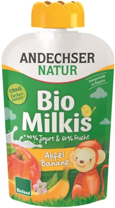 Bio Apfel-Bananen-Joghurt-Dessert von ANDECHSER, 100 g, cremiges Obst-Joghurt-Dessert in einer Packung.