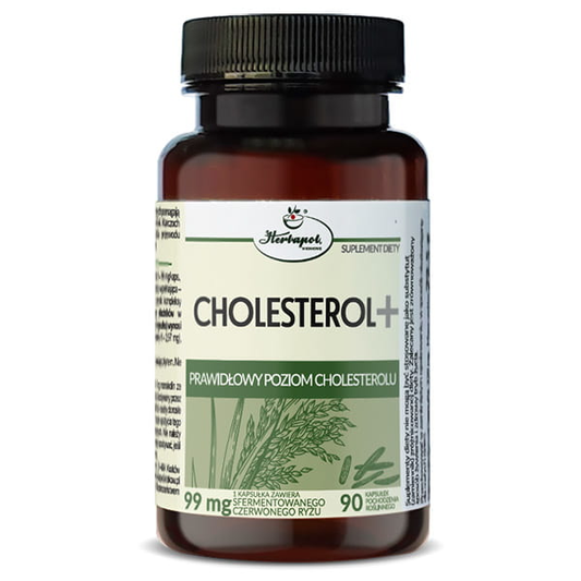 Cholesterin+ Kapseln von Herbapol Kraków, 90 Stück, close-up der Verpackung mit Produktname und Kapseln.