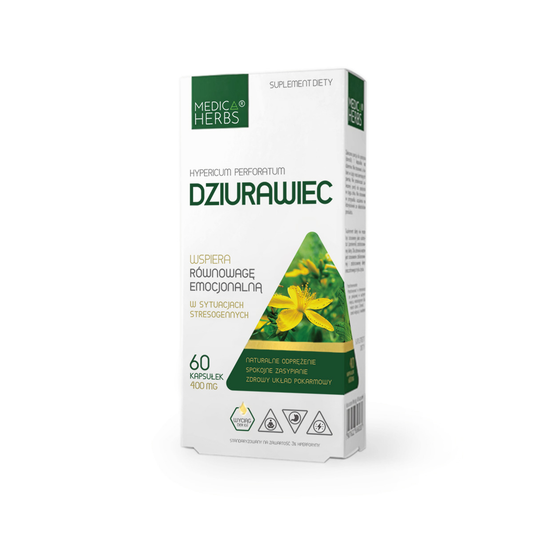 Medica Herbs Johanniskraut-Kapseln 400mg, 60 Stück, zeigen die gelben Kapseln vor weißem Hintergrund.