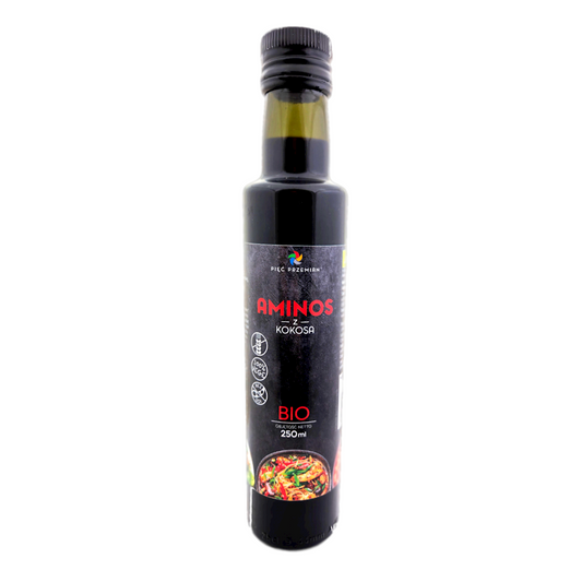 Bio Kokosnuss-Aminos von FIVE CHANGES in 250ml Flasche, dunkelbraune Flüssigkeit, für asiatische Gerichte