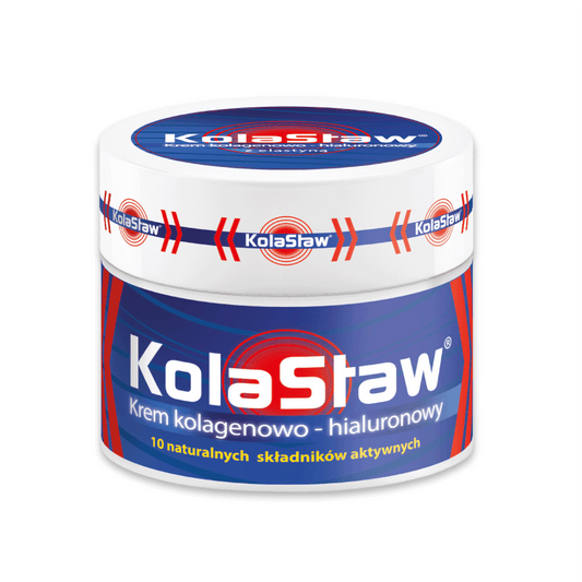 NOVAFARM KolaStaw Kollagen-Hyaluron-Creme in 50ml, zeigt die cremige Textur in einem weißen Tiegel.