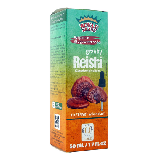Reishi-Pilz-Extrakt in 50ml Flasche von ROYAL BRAND, flüssiges Nahrungsergänzungsmittel mit dunkler Flüssigkeit.